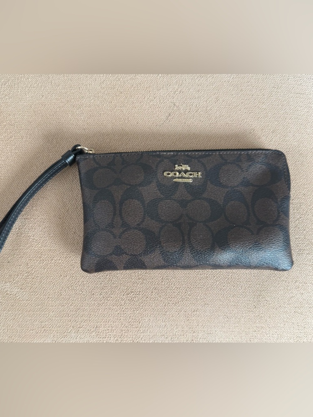 Coach Brown and Black Signature Zip Wristlet